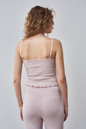 Pale pink cami top and trouser set with rose trims.